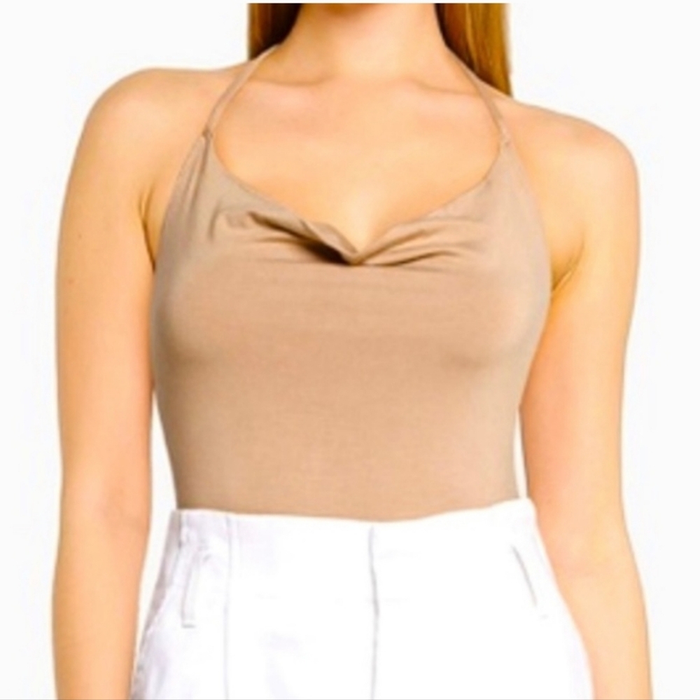 A&F Soft Drapey cowl neck halter bodysuit nude tan szS